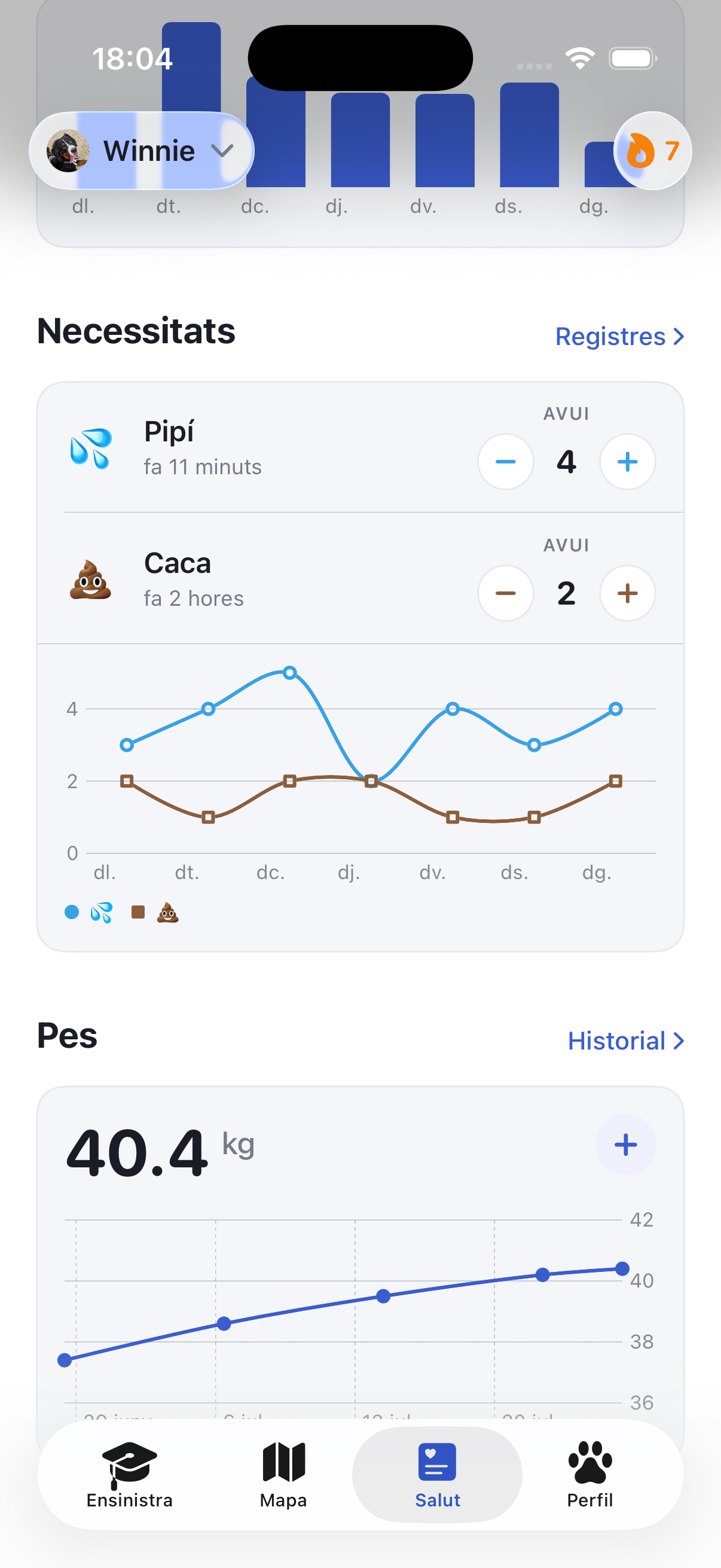 Pantalla de salut de Ruffy amb el pes i les tendències d'activitat
