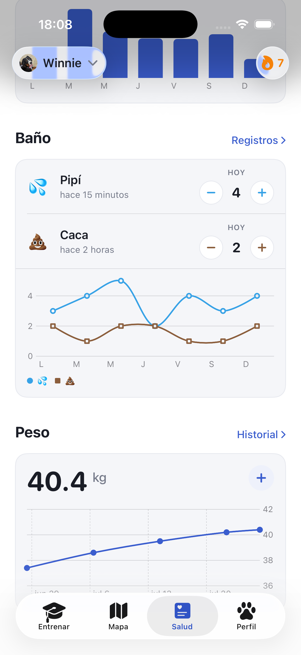 Pantalla de salud de Ruffy con peso y tendencias de actividad