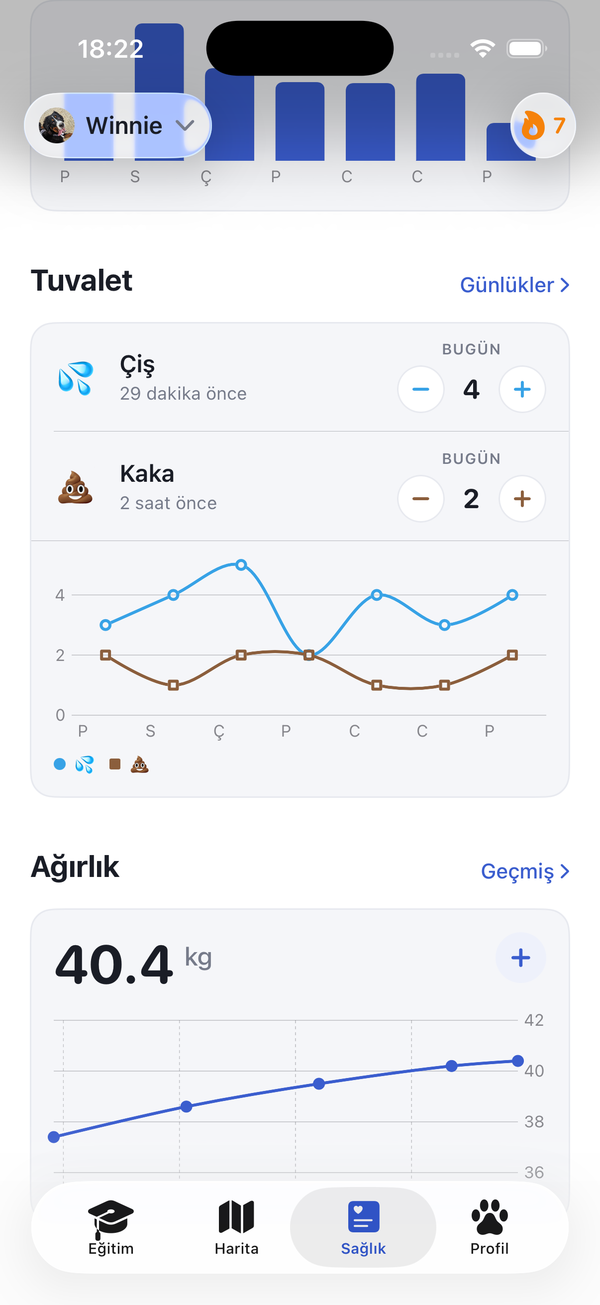 Ruffy'nin kilo ve aktivite grafikli sağlık ekranı