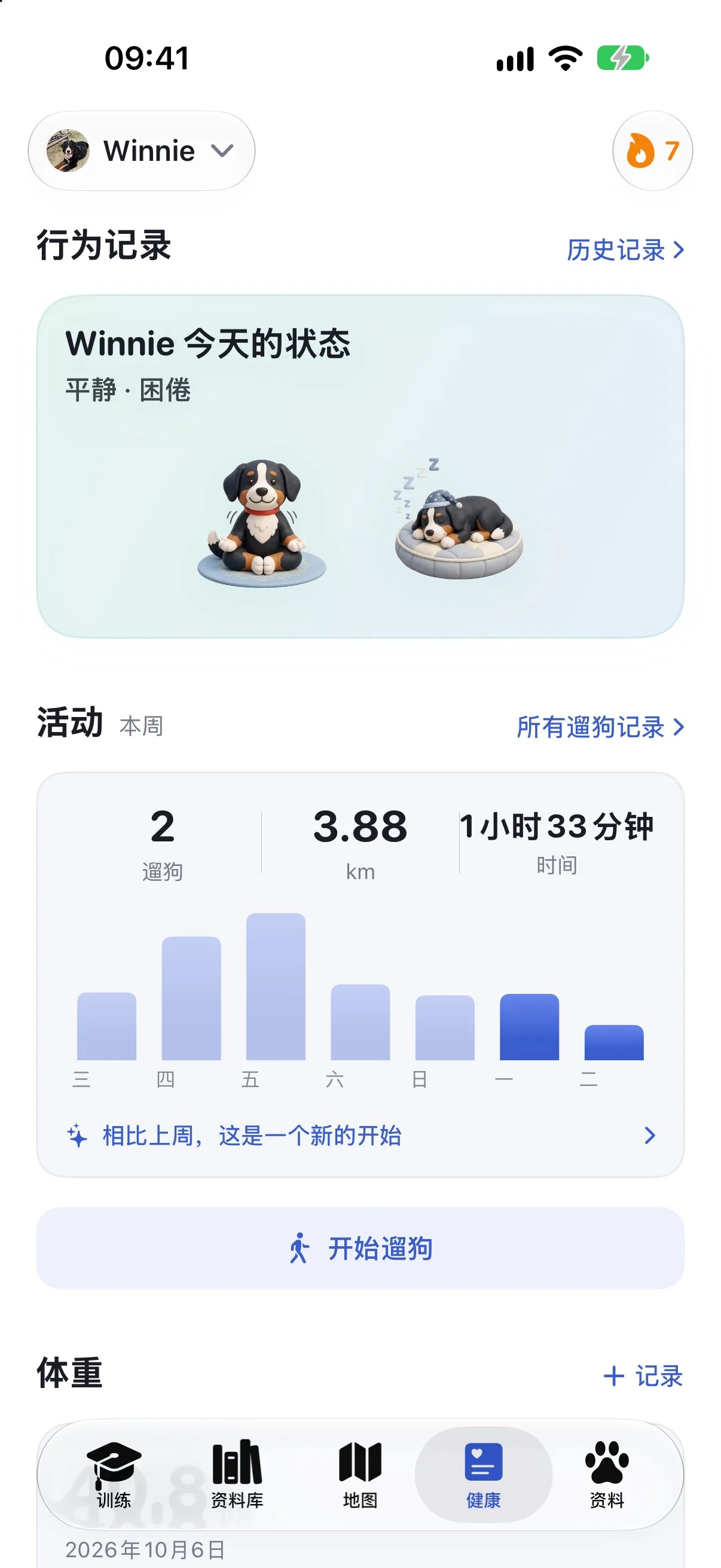 Ruffy的健康界面，显示行为记录和本周活动量
