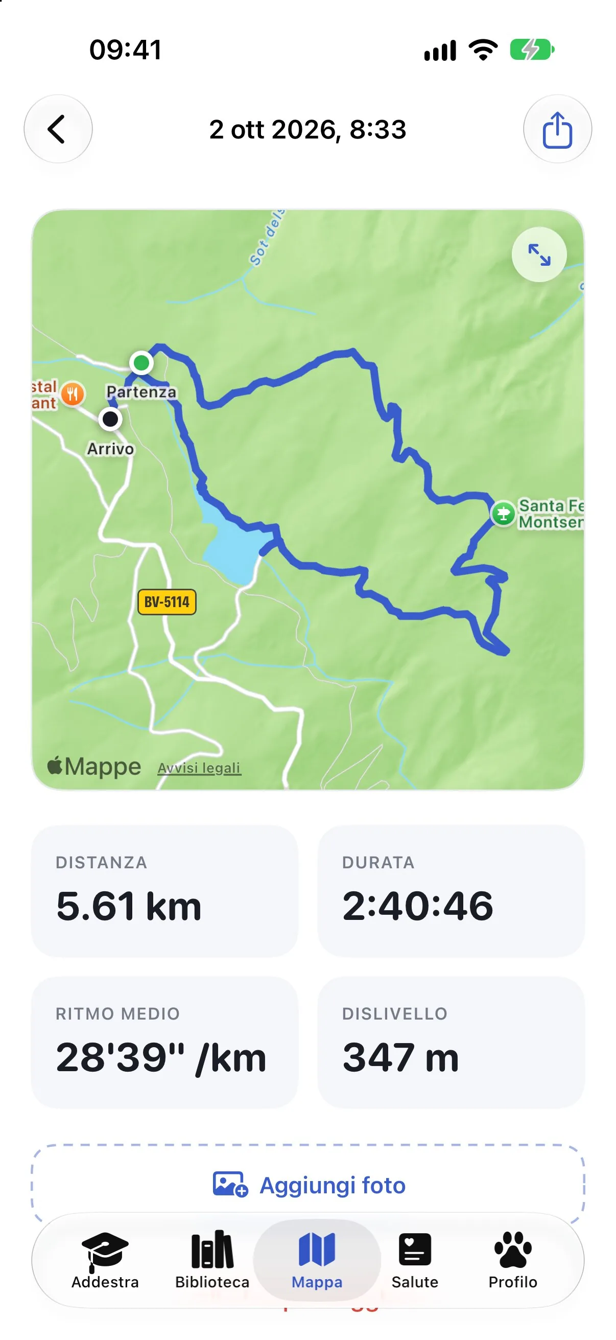 Il riepilogo di una passeggiata in Ruffy con il percorso sulla mappa, distanza e ritmo
