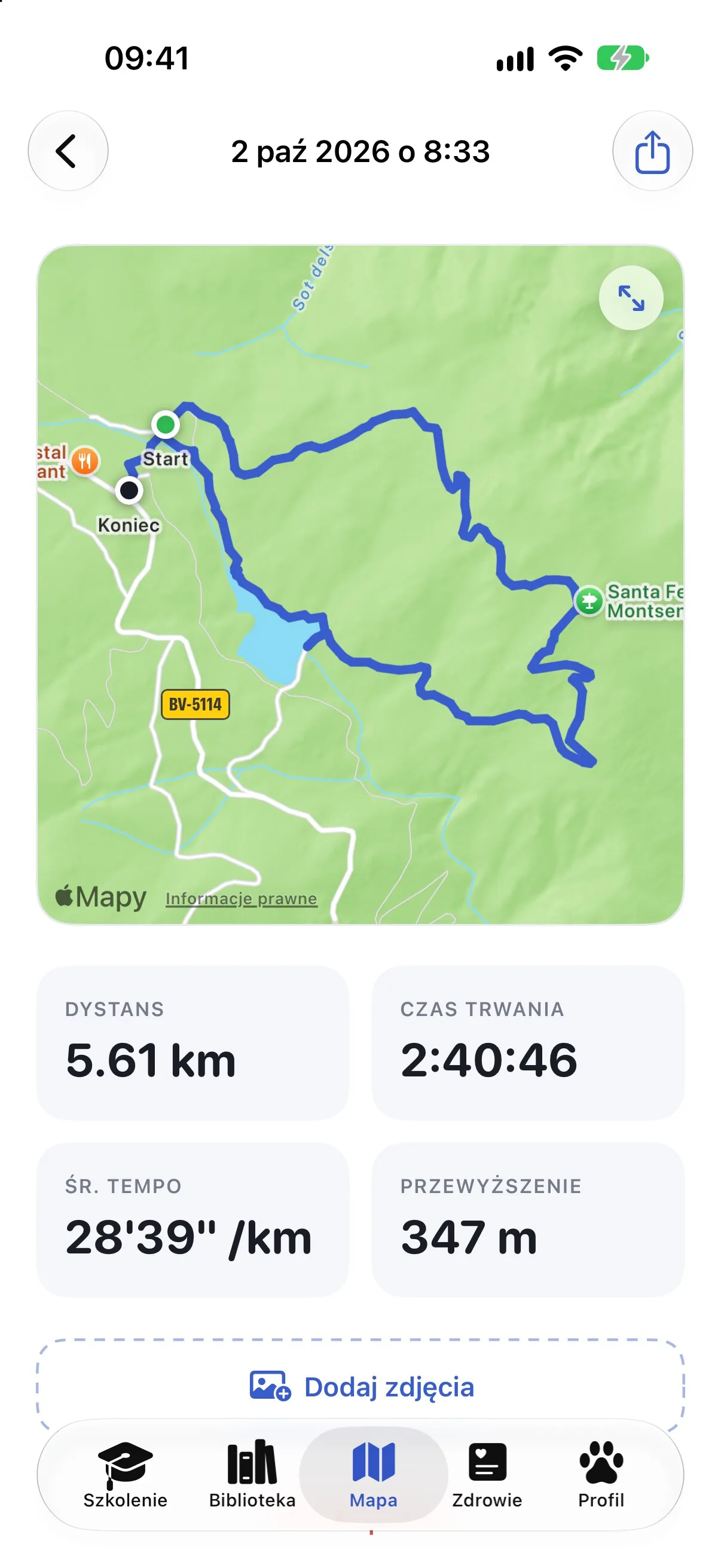 Podsumowanie spaceru w Ruffy z trasą na mapie, dystansem i tempem