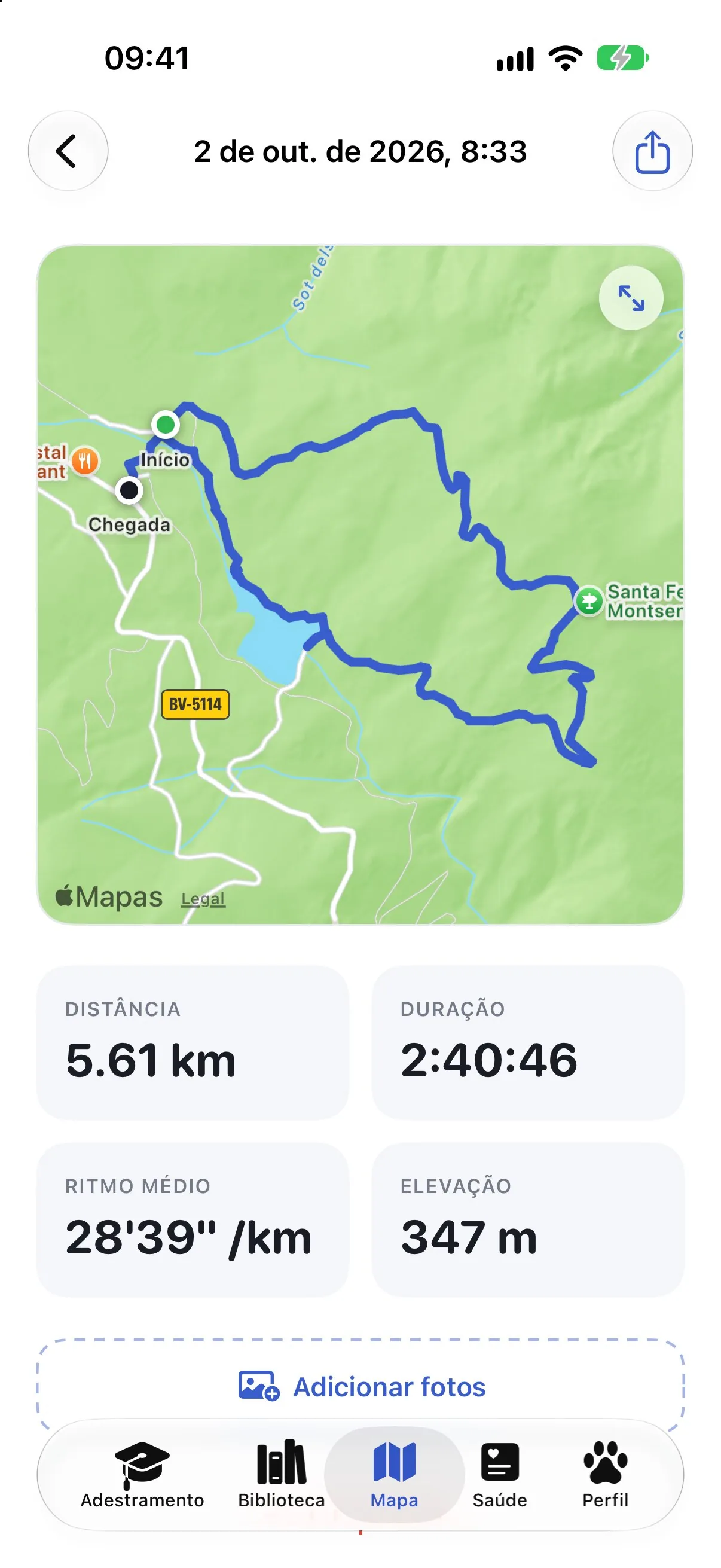 O resumo de um passeio no Ruffy com a rota no mapa, distância e ritmo