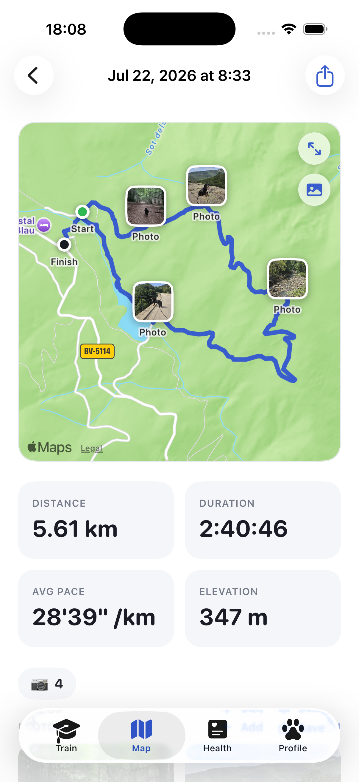 A dog walk tracked on the map in Ruffy