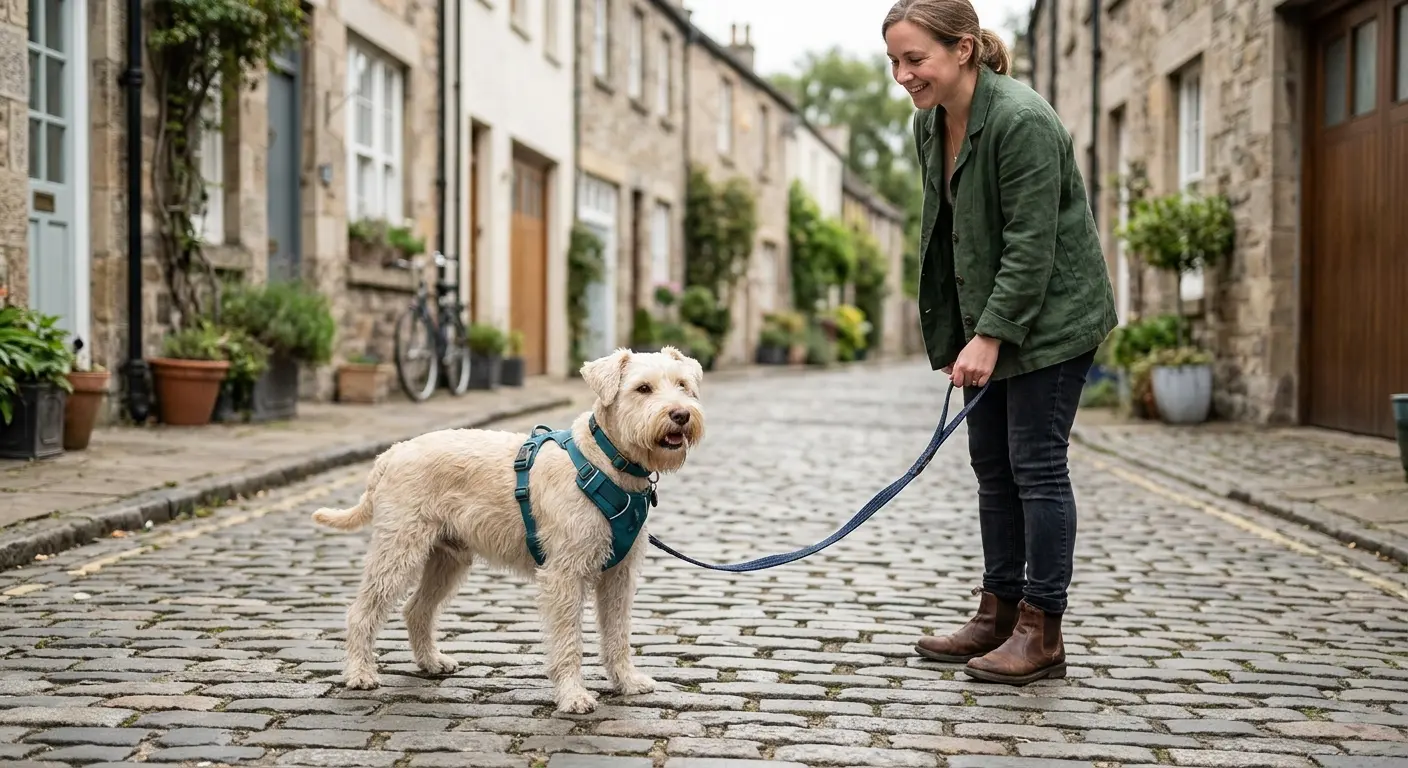 A cream miniature schnauzer wearing a teal Y-shaped harness and a flat collar on a quiet cobbled street with its owner