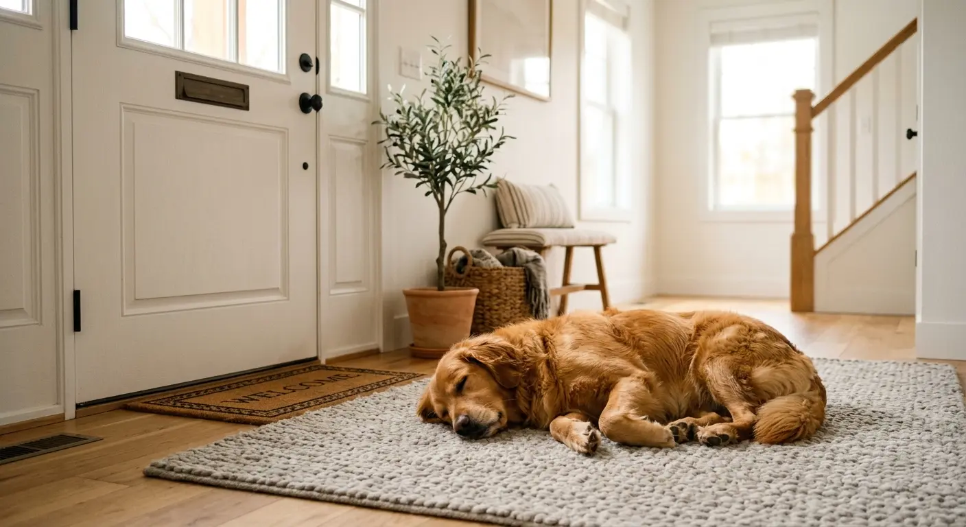 A dog resting calmly and relaxed on a rug by a front door in a bright, quiet home