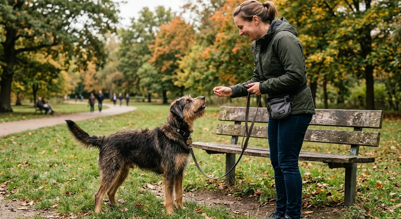 A scruffy mixed-breed dog looking at its owner beside a grassy park bench while the owner holds a clicker and a treat pouch