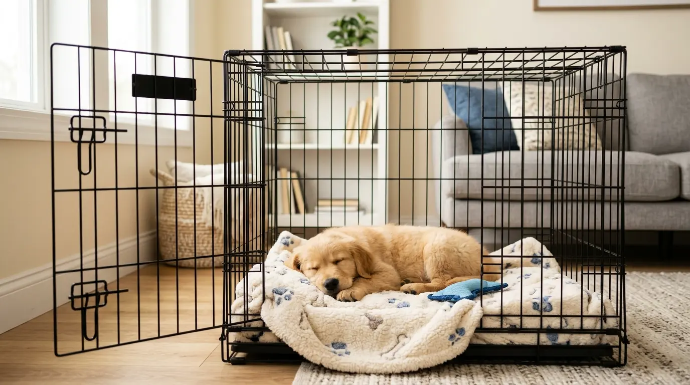A relaxed puppy resting happily inside an open crate with a soft blanket