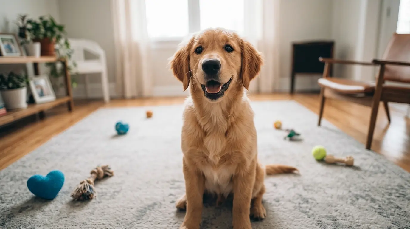 A happy puppy sitting on a clean floor next to a training pad