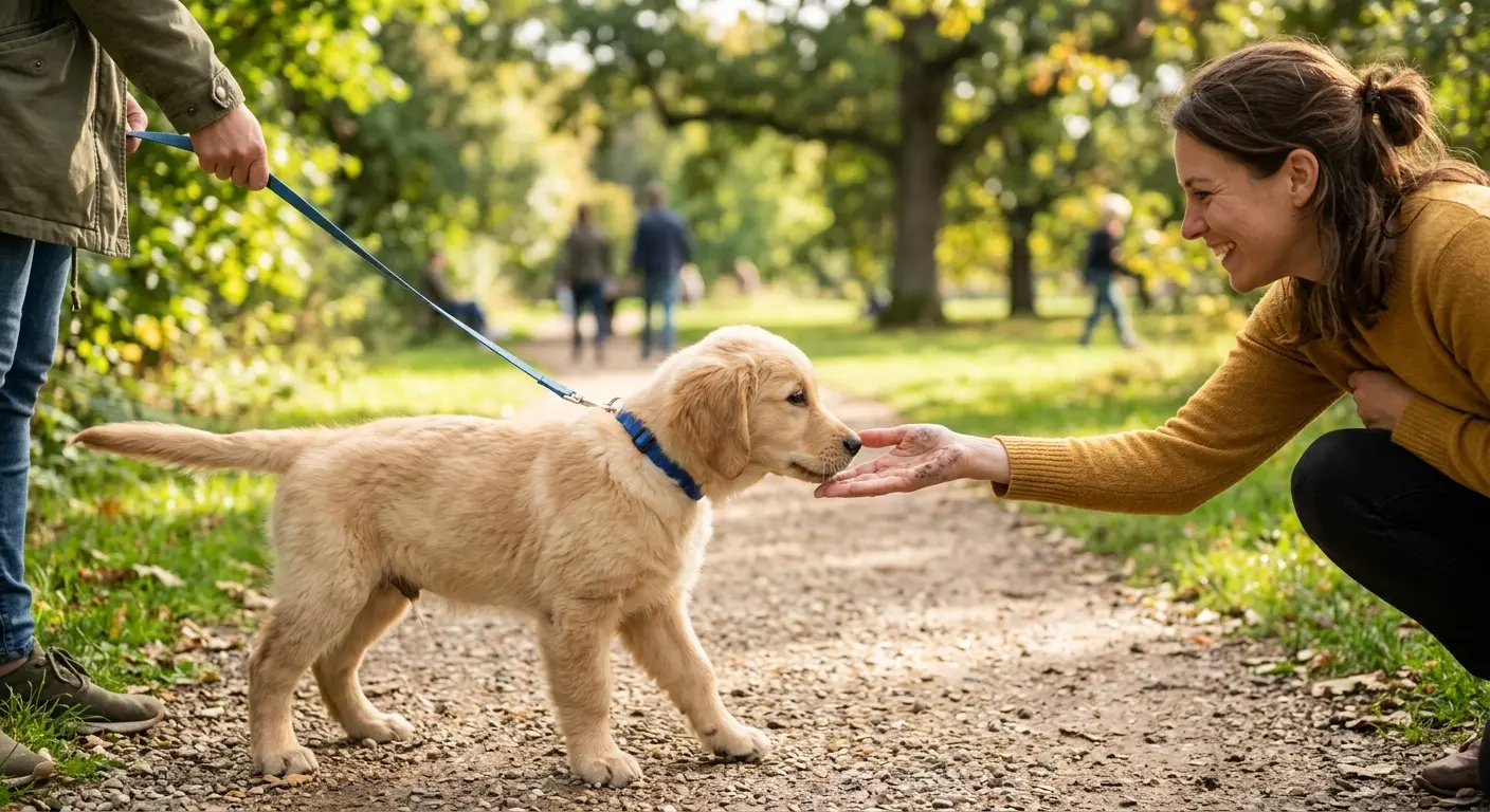 A puppy calmly meeting new people, sounds and surfaces during a socialization outing
