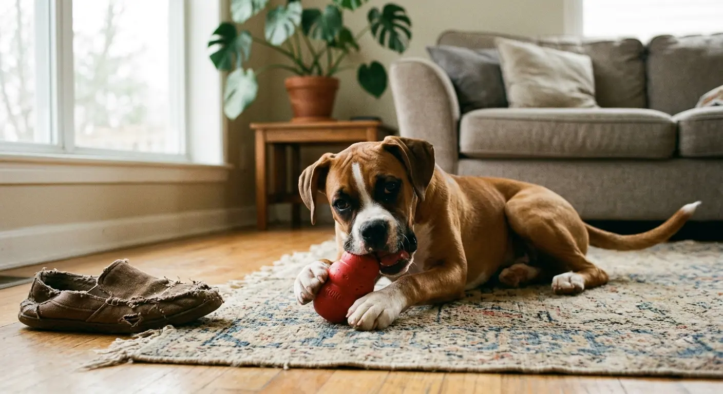 A young tan-and-white boxer lying on a living-room rug happily gnawing a sturdy rubber chew toy, a chewed slipper nearby