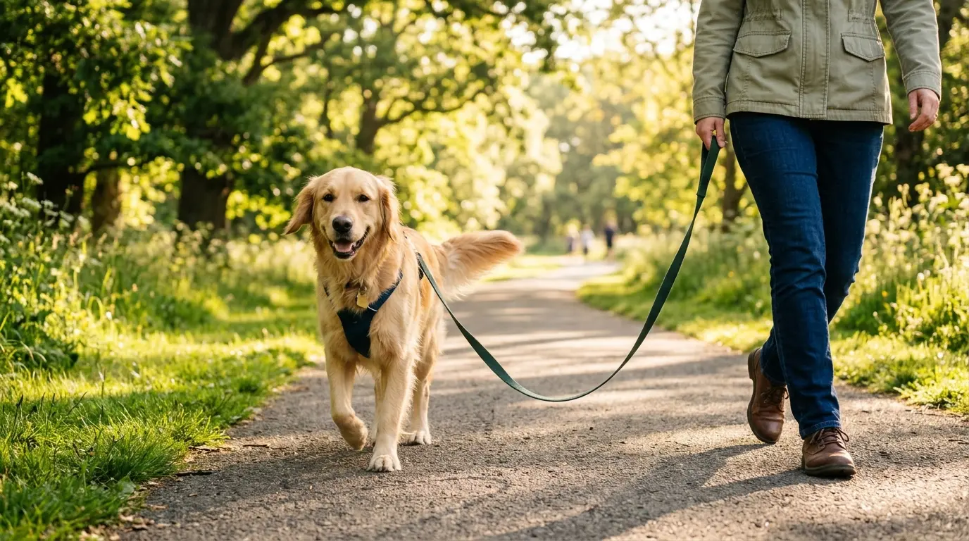 A dog walking calmly on a loose leash beside its owner on a sunny path