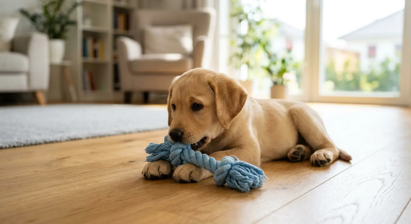 A young puppy gently mouthing a soft rope toy on a light wooden floor in a bright living room