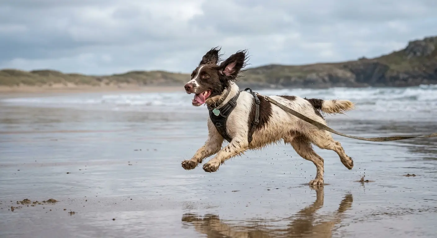 An English springer spaniel bounding back to its owner along a sandy beach