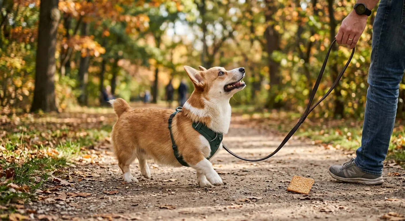 A Pembroke Welsh corgi on a loose leash walking past a dropped piece of food on a park path, looking up at its owner