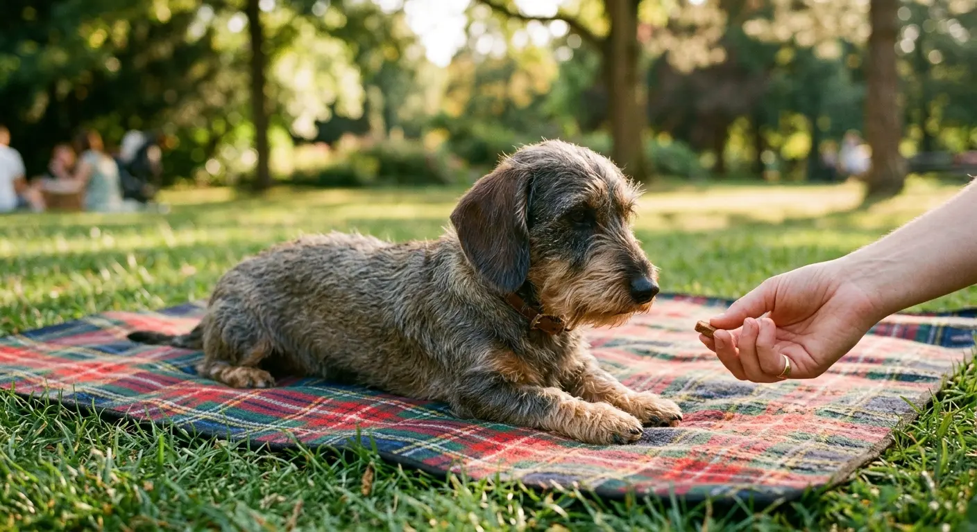 A wire-haired dachshund lying calmly on a picnic blanket in a sunny park, looking up at its owner