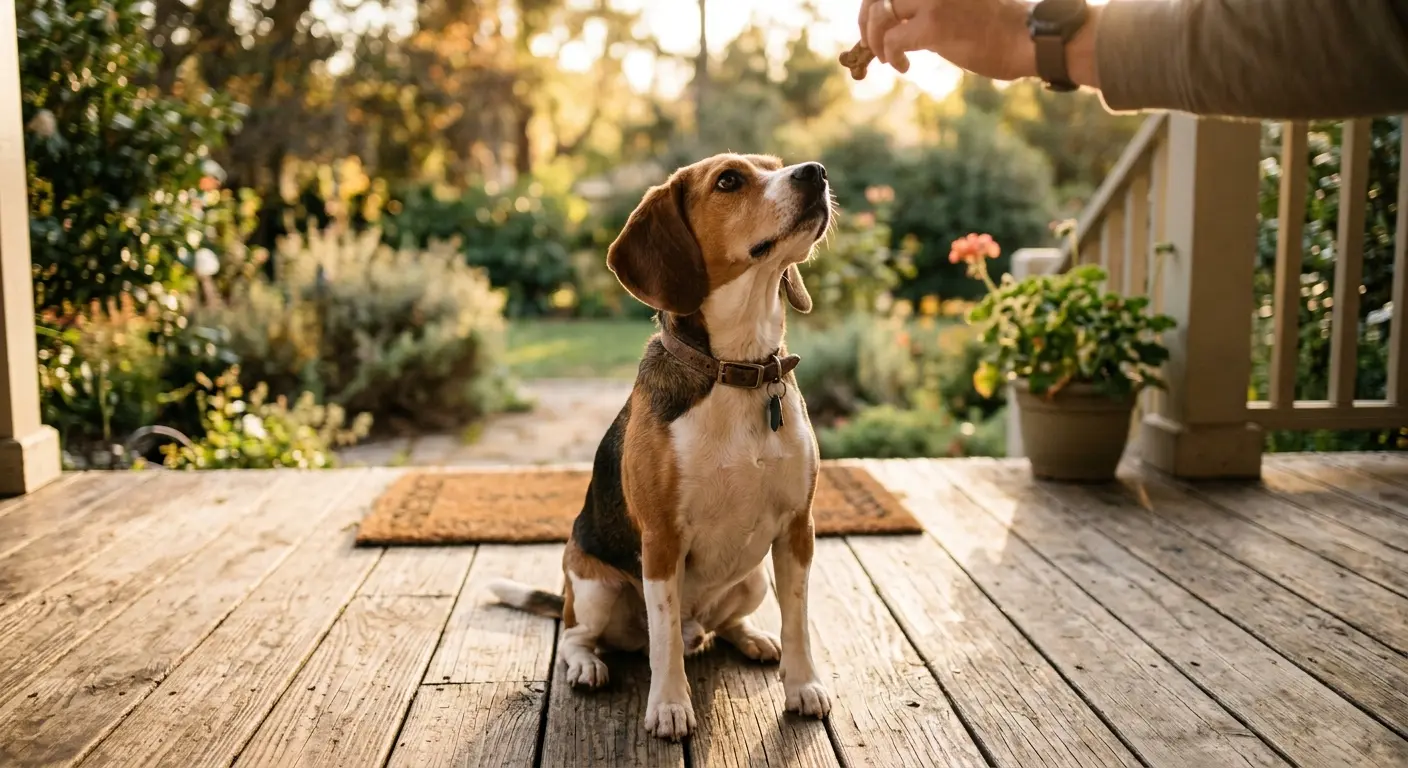 A beagle sitting attentively on a sunlit wooden porch, looking up at its owner