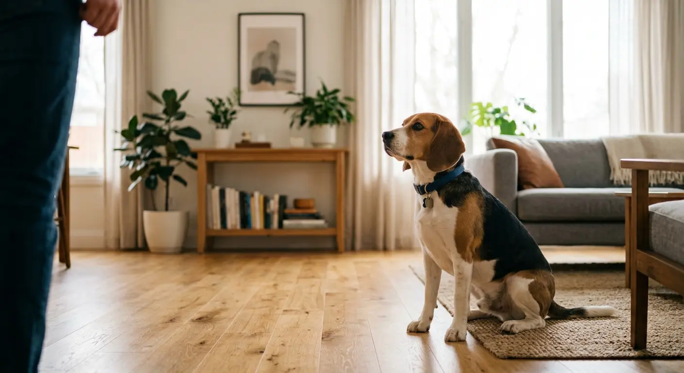 A calm dog holding a sit-stay on a living room floor while its owner steps back