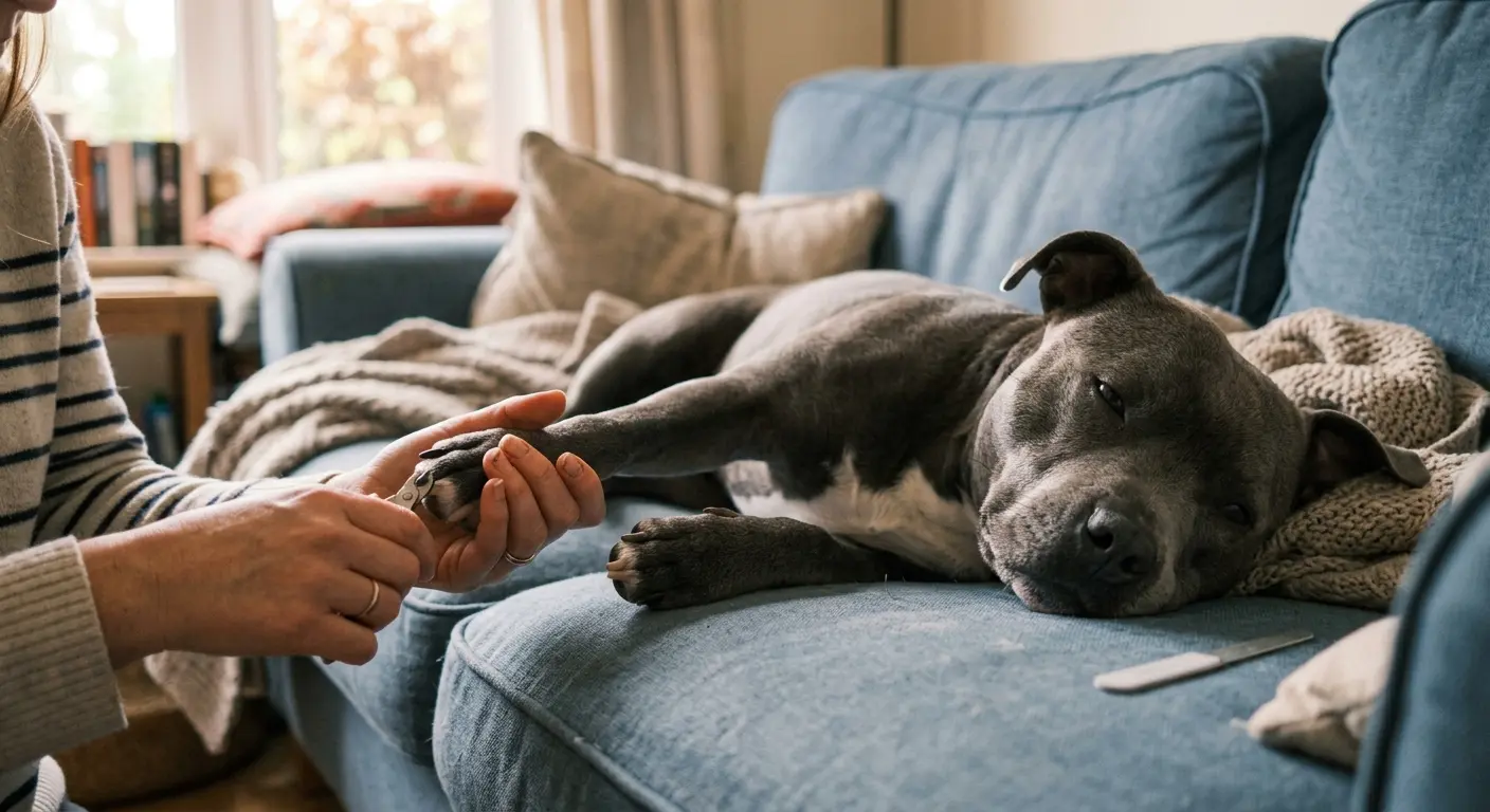 A relaxed grey Staffordshire bull terrier lying on a sofa having one front paw gently held by its owner