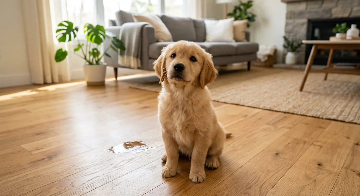 A puppy looking up at its owner beside a small accident on the floor in a bright home