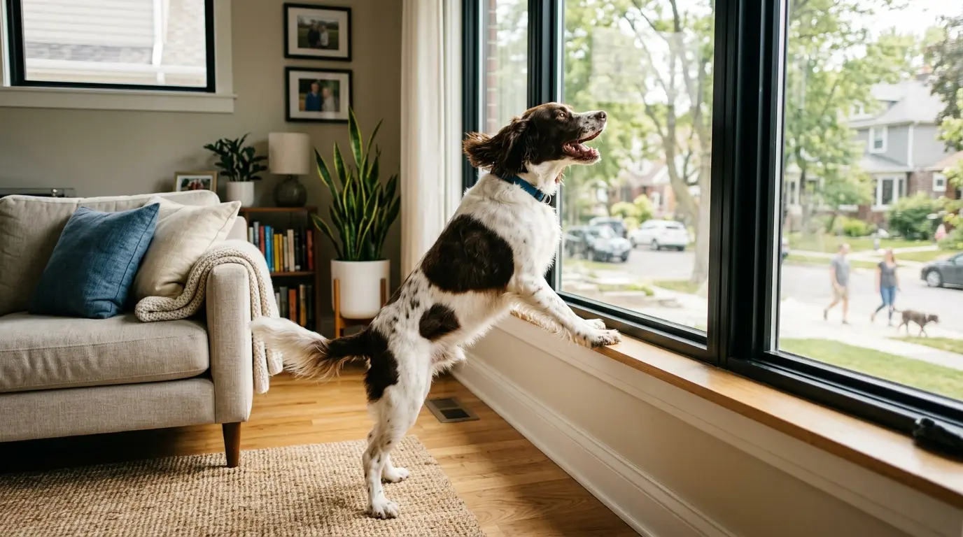 A medium-sized dog standing at a sunny window, mouth open mid-bark, in a tidy living room