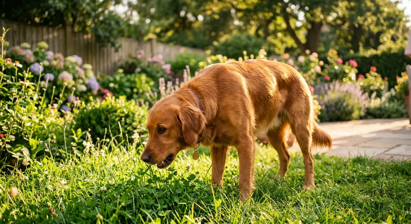 A relaxed dog sniffing and nibbling grass in a sunny garden