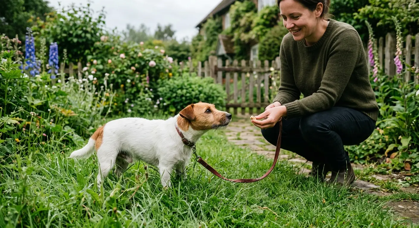 A Jack Russell terrier sniffing the grass in a green back garden, glancing up as its owner crouches nearby with a treat