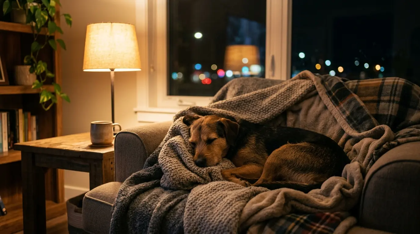 A dog resting calmly in a cozy blanket den indoors while soft light glows outside the window